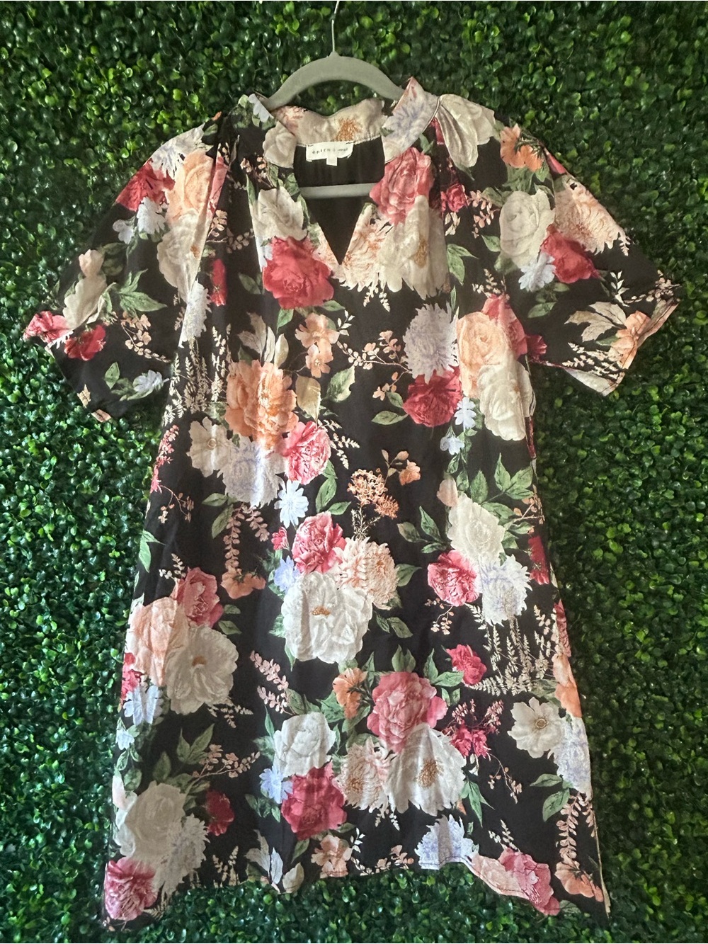 entro Black Floral V-Neck Dress with Pink & Cream Blooms